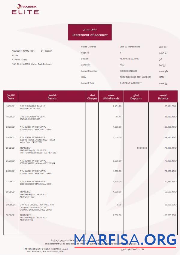 Blank UAE Rakbank Elite bank statement word template